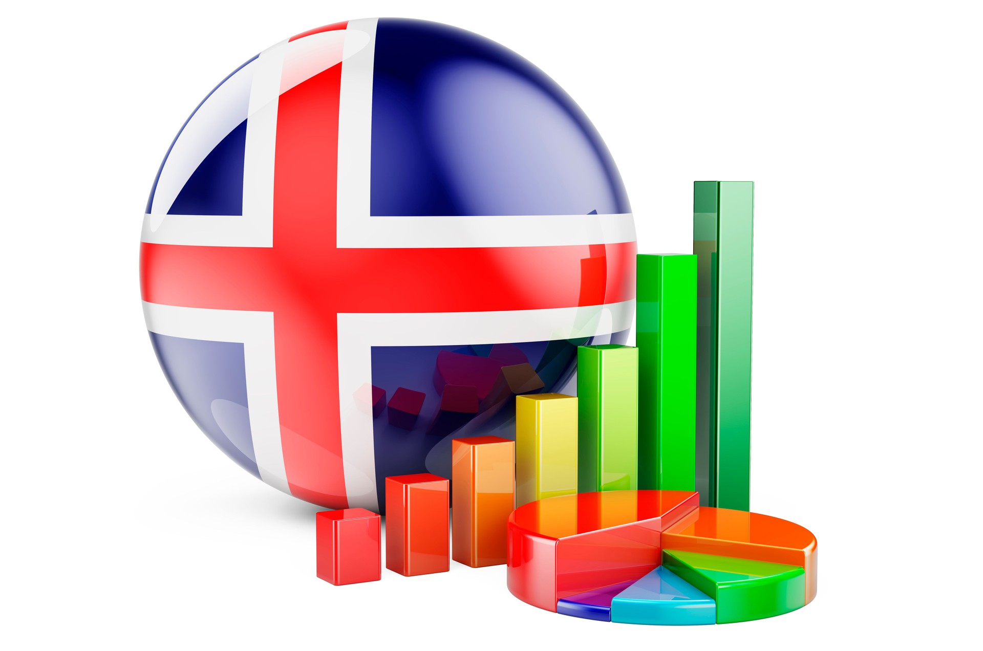 Icelandic flag with growth bar graph and pie chart. Business, finance, economic statistics in Iceland concept. 3D rendering